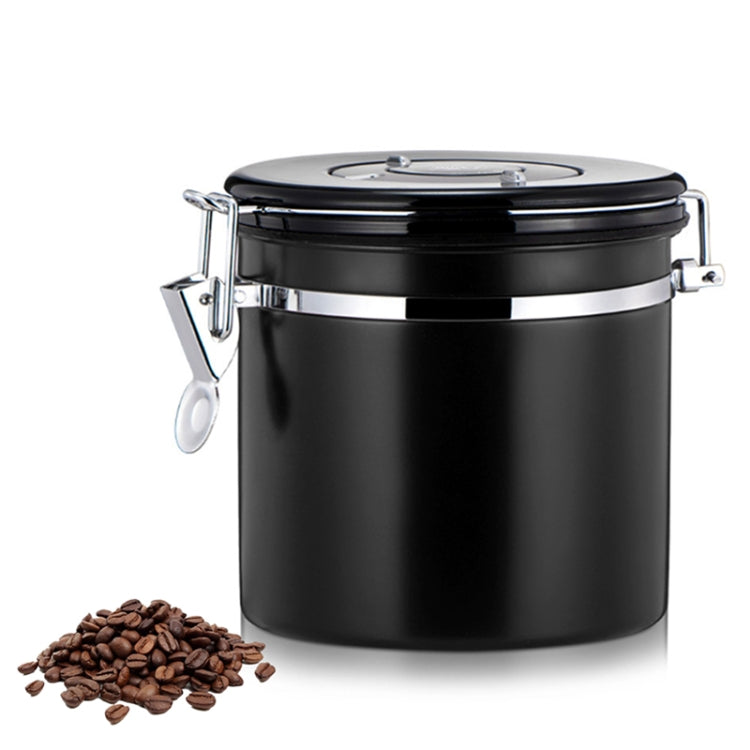Black stainless steel coffee storage container with swing latch lid and beans