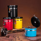 Lidded coffee storage container set with swing-lock clips; one container open with grounds.