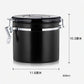 Black stainless steel food storage container with swing latch and size markings
