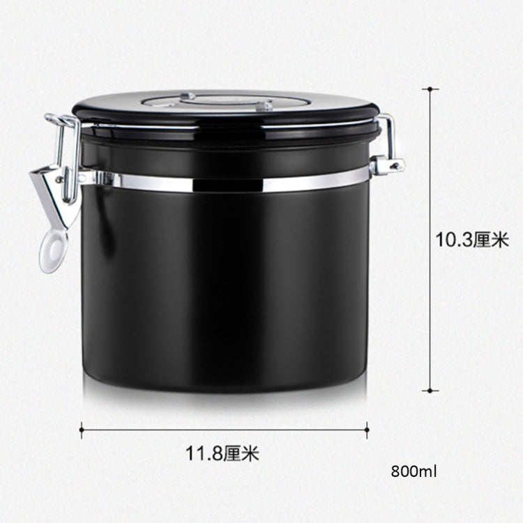 Black stainless steel food storage container with swing latch and size markings