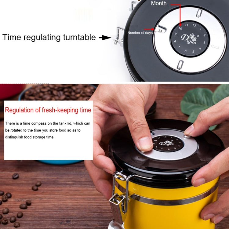Yellow stainless steel container with rotating freshness time calendar dial