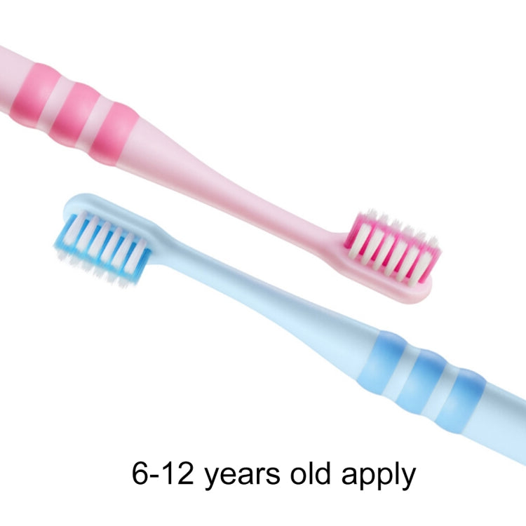 Set of two kids toothbrushes: pink and blue, soft bristles with striped grips
