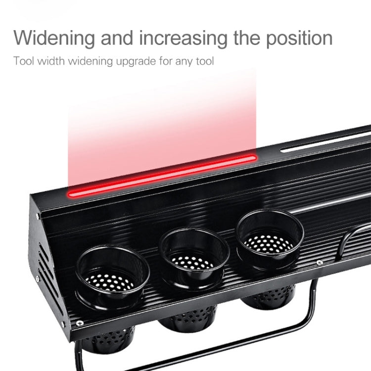 Black rack front with widened slots and three perforated utensil cup holders
