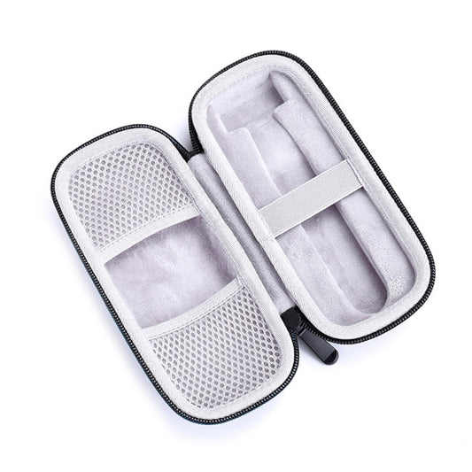 Travel shaver storage case with fold-open inner slots and mesh pocket sections.