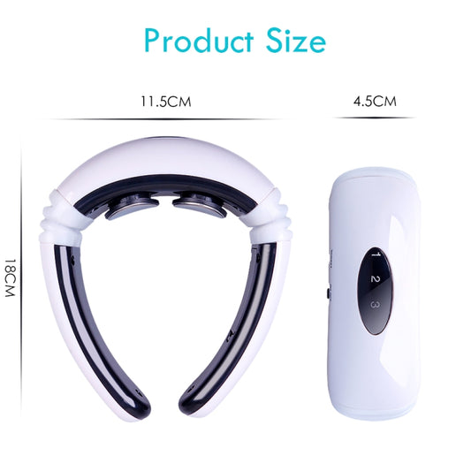 White neck massager showing front pads and side control panel, compact battery-powered design