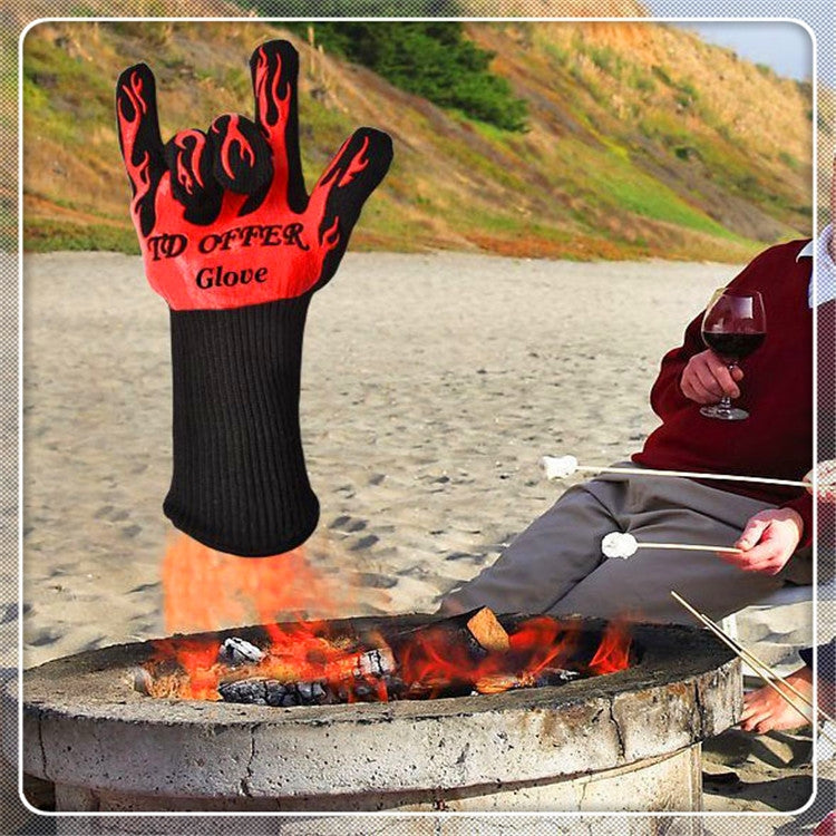 Heat-resistant BBQ grilling glove with red flame graphic on black knit wrist
