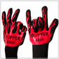 Pair of heat-resistant BBQ gloves in black with red flame pattern and grippy palms
