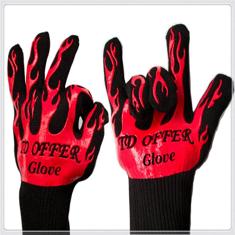 Pair of heat-resistant BBQ gloves in black with red flame pattern and grippy palms
