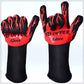 Two heat-resistant BBQ gloves, black knit cuffs with red flame print across palms
