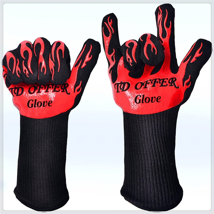 Two heat-resistant BBQ gloves, black knit cuffs with red flame print across palms