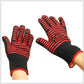 Heat-resistant BBQ gloves with red striped knuckle grips and black knit back