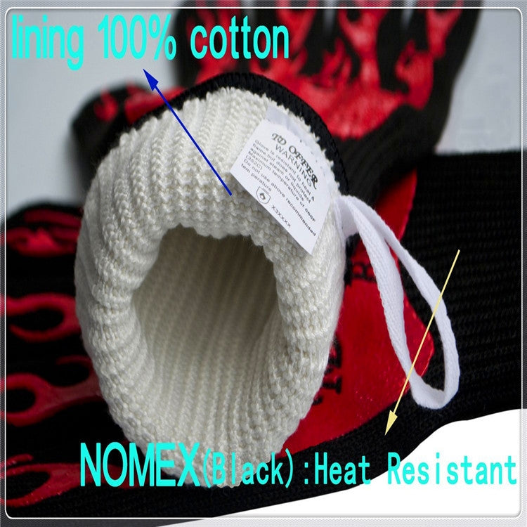 Heat-resistant BBQ glove interior with white lining and black cuff