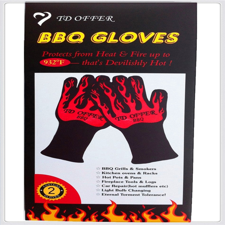 BBQ gloves packaging featuring two glove silhouettes and flame graphics