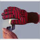 Heat-resistant BBQ glove close-up with red striped palm grips and black cuff