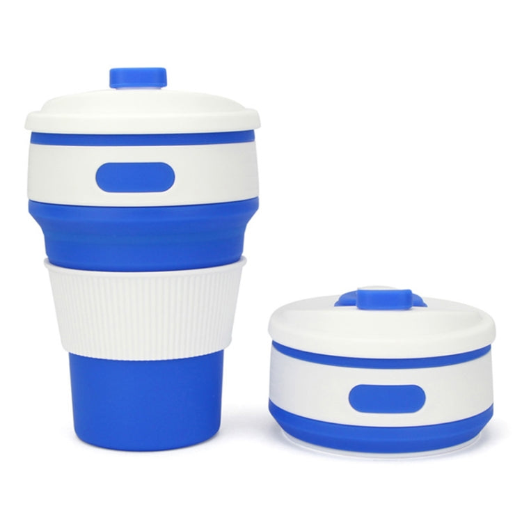 Blue folding silicone coffee cup with ribbed sleeve and snap lid, 350ml travel size