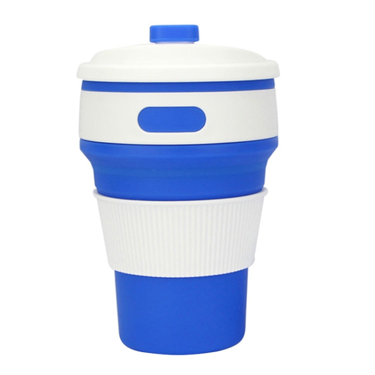 Blue folding silicone coffee cup with snap lid and ribbed drink sleeve, 350ml