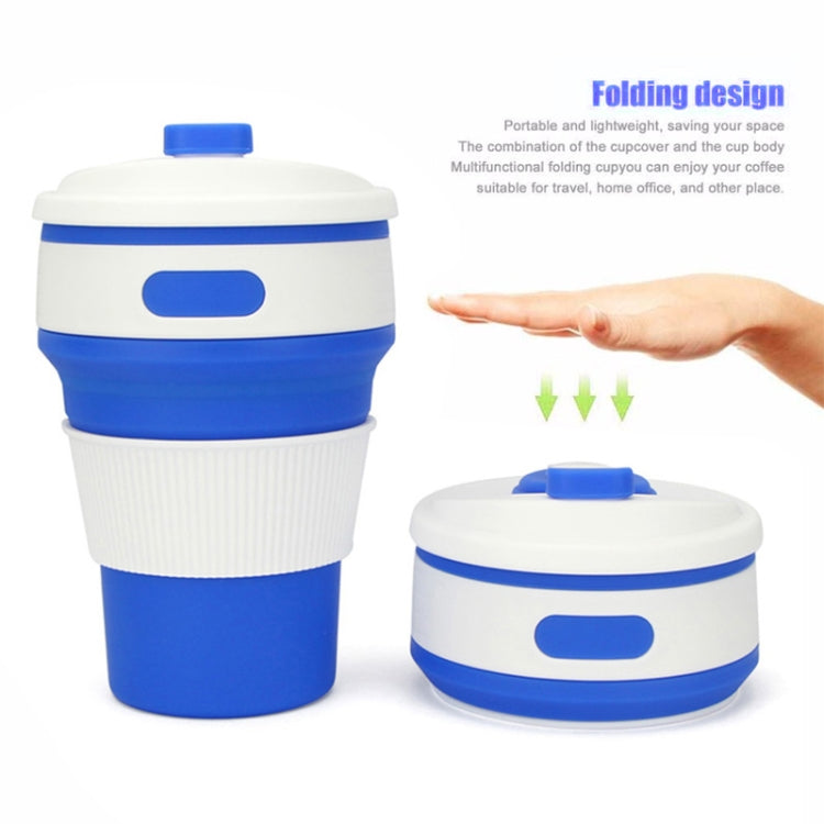 Blue folding silicone coffee cup with snap lid and ribbed grip, 350ml, folded shown