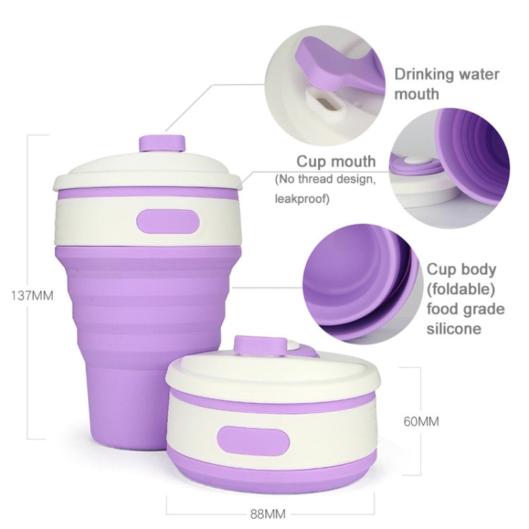 Purple folding silicone coffee cup with snap lid and ribbed grip, 350ml