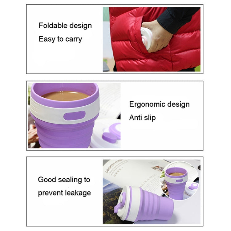 Purple folding silicone coffee cup with snap lid and ribbed grip, compact travel size