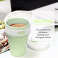 Light green folding silicone coffee cup with snap lid and ribbed grip, 350ml