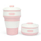Pink folding silicone coffee cup with snap lid and ribbed sleeve, 350ml travel size