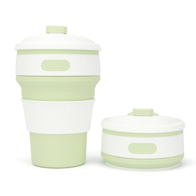 Folding silicone coffee cup with lid, white ribbed sleeve and green base, 350ml travel mug