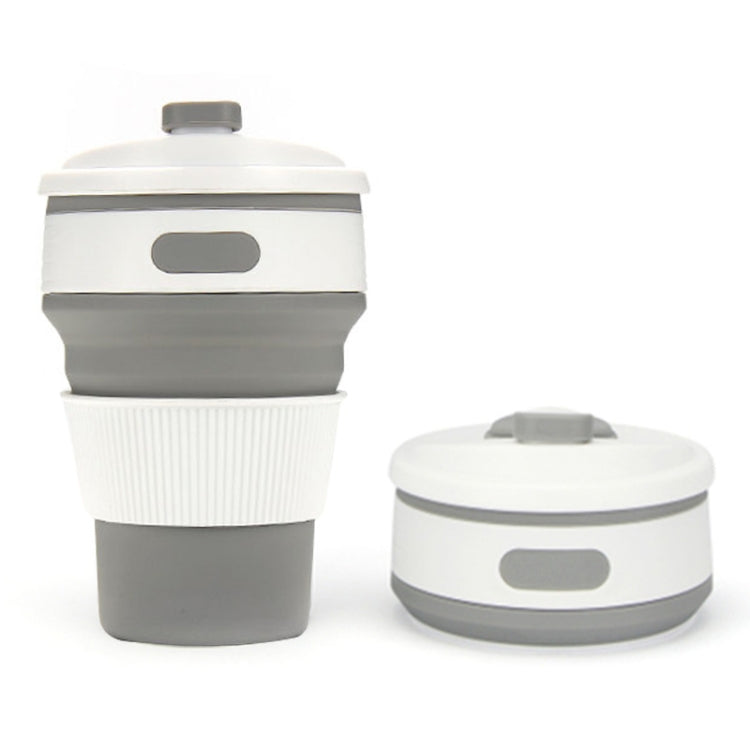 Folding silicone coffee cup with lid, white ribbed sleeve and dark gray base, 350ml travel mug