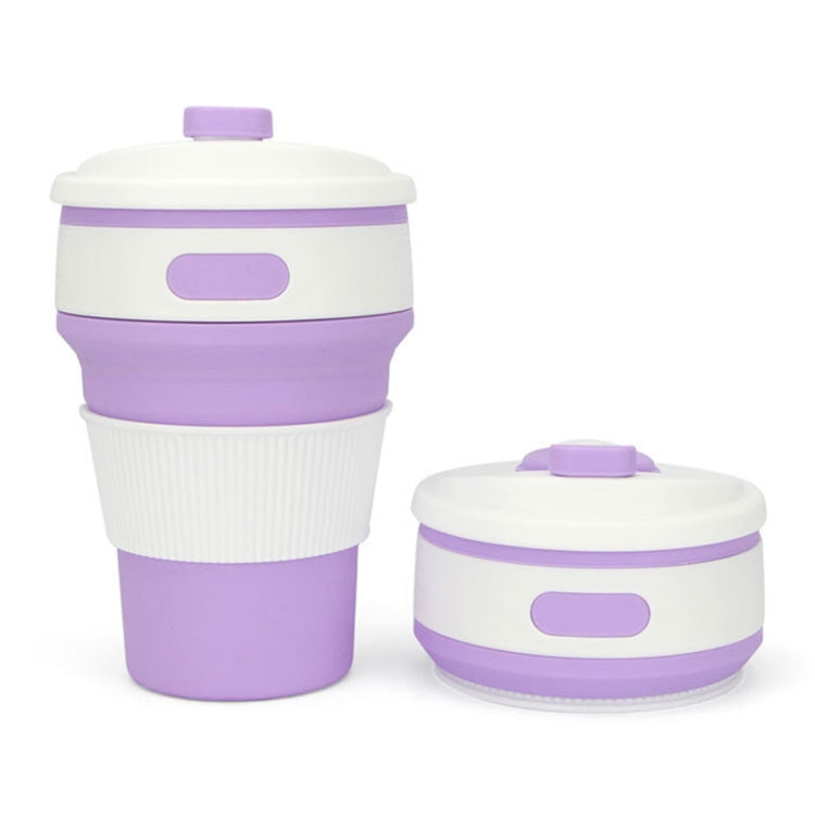 Folding silicone coffee cup with lid, white ribbed sleeve and purple base, 350ml travel mug