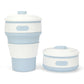 Folding silicone coffee cup with lid, white ribbed sleeve and light blue base, 350ml travel mug