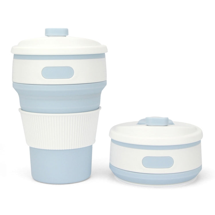 Folding silicone coffee cup with lid, white ribbed sleeve and light blue base, 350ml travel mug
