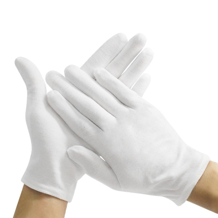 Pair of thick white cotton working gloves, angled with open palms
