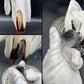 White cotton work gloves shown handling items, with close-up inset views