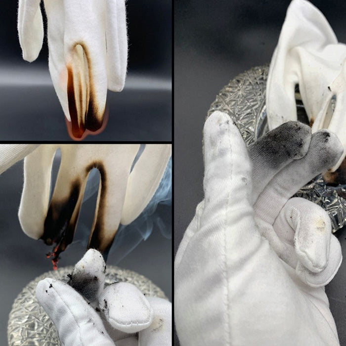 White cotton work gloves shown handling items, with close-up inset views