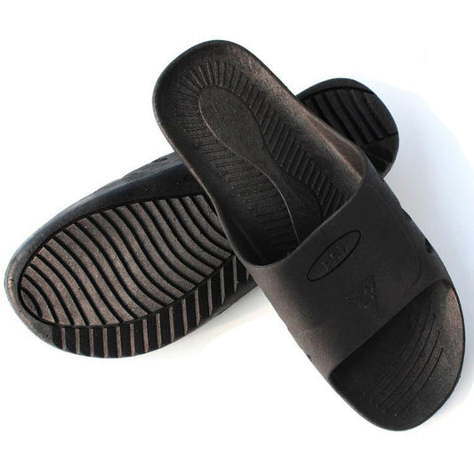 Black anti-skid six-hole slippers, size 38, showing textured outsole tread