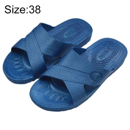 Blue X-strap slide slippers with textured non-slip sole, size 38