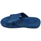 Blue X-strap slide slippers with thick cushioned sole, side view, size 38