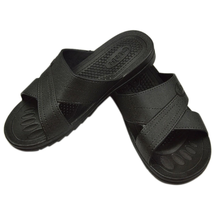 Black X-strap slide slippers, size 44, open-toe design with textured footbed