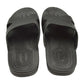 Black slide slippers, size 44, underside view with patterned non-slip outsole