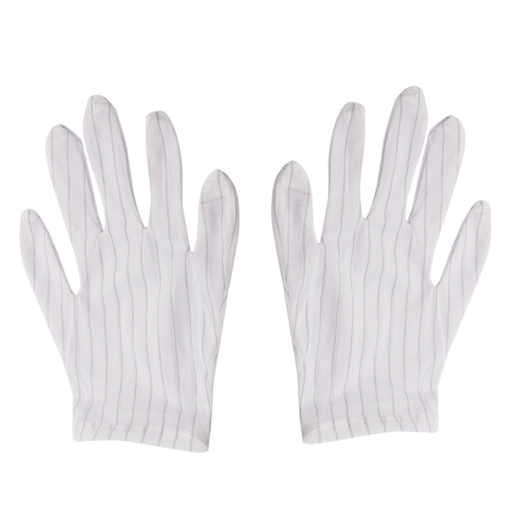 White striped anti-static plastic gloves, free size, pair laid flat