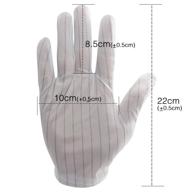 White striped anti-static plastic glove with size measurements, 22 cm length