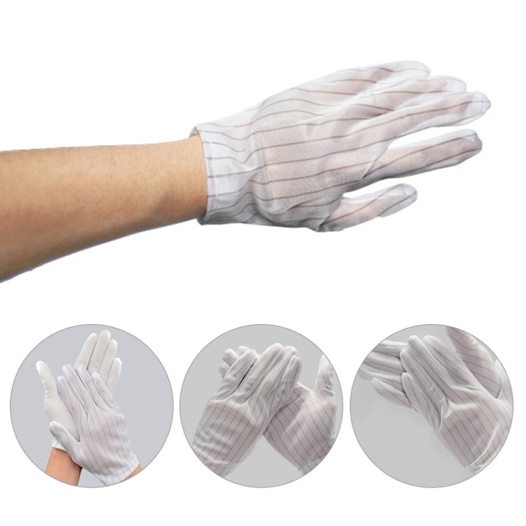 White striped anti-static plastic gloves, free size, close-up on hands