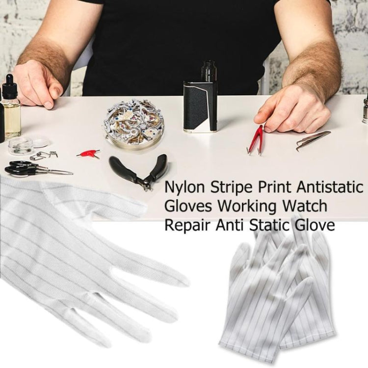 White striped anti-static plastic gloves worn on hands for repair work