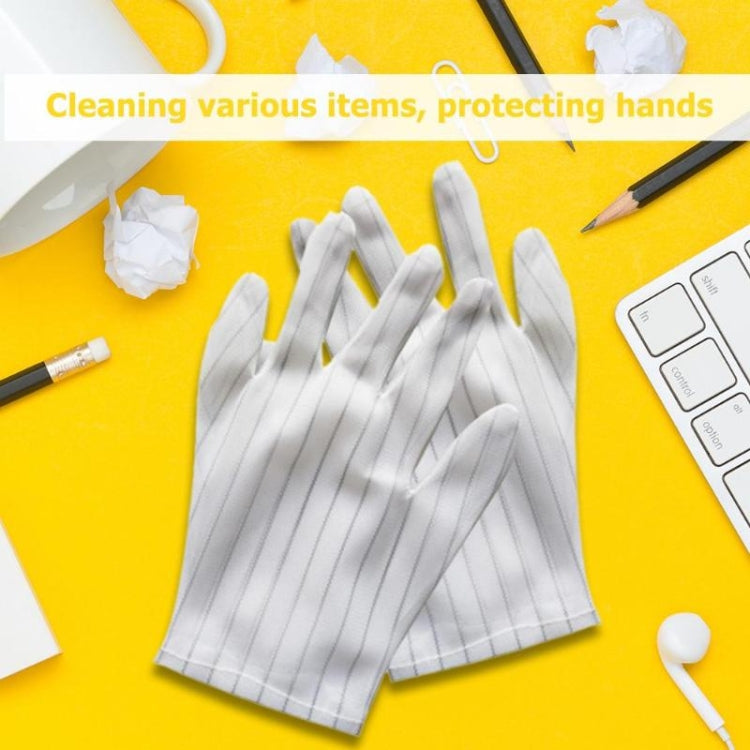 White striped anti-static plastic gloves, free size, laid out with cuffs