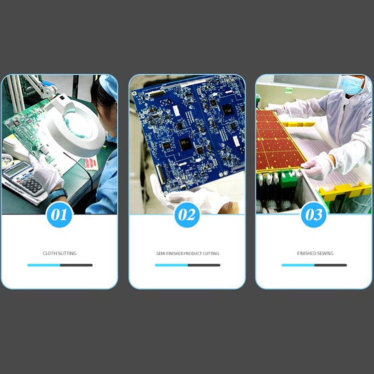 White striped anti-static plastic gloves shown during electronics assembly