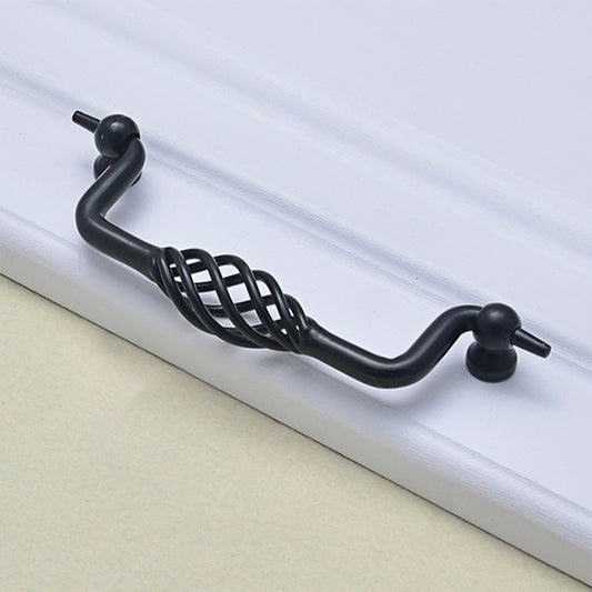 Matte black birdcage-style cabinet handle with round end knobs and curved wire center.
