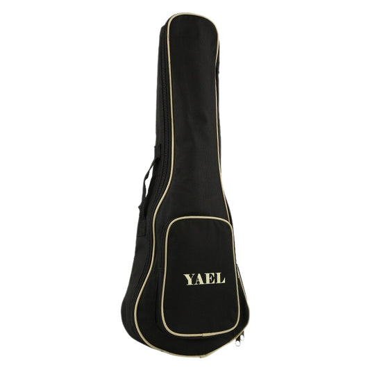 Black padded ukulele gig bag, tan trim, front pocket, YAEL logo.