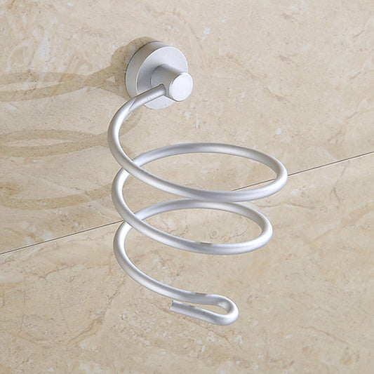 White spiral wall-mount hair dryer holder with curved hook and base.