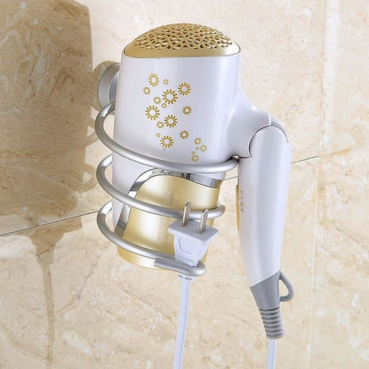 White wall-mounted hair dryer holder with spiral loops and hanging bracket.