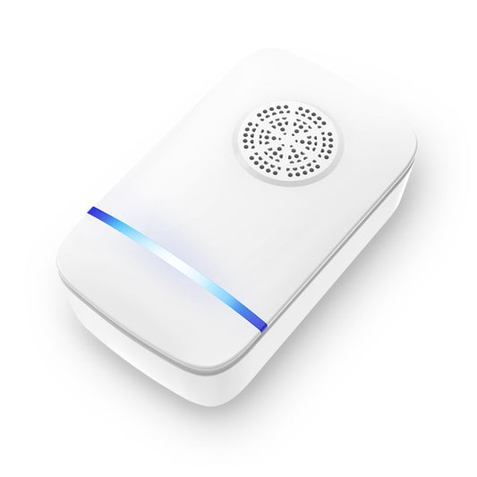 Ultrasonic pest repeller, angled view with top speaker grille and blue light strip.