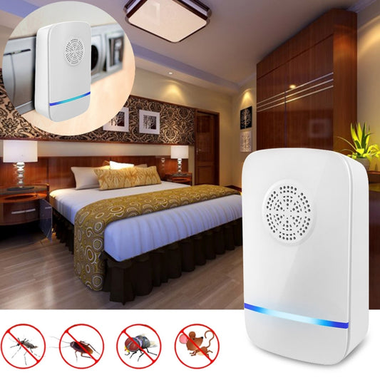 Ultrasonic pest repeller device, white body with front speaker grille and blue light strip.
